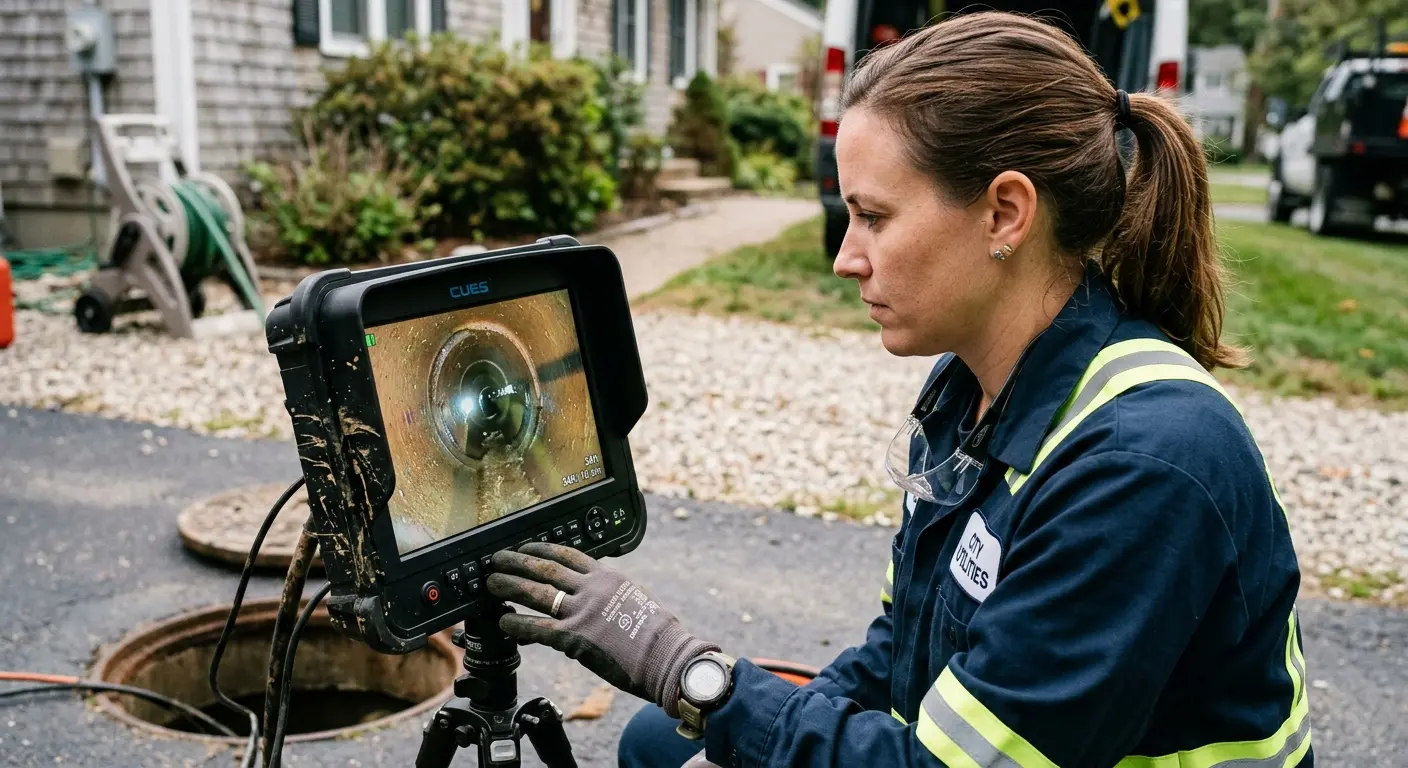 Technician reviewing sewer camera inspection footage in Fairfax