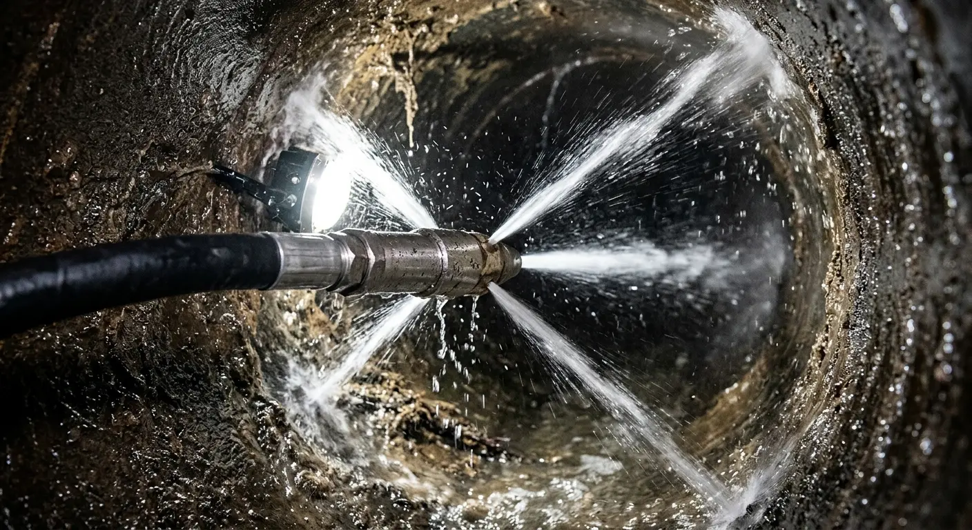 High-pressure hydro jetting nozzle cleaning sewer pipe for Emergency Drain Service in Fairfax
