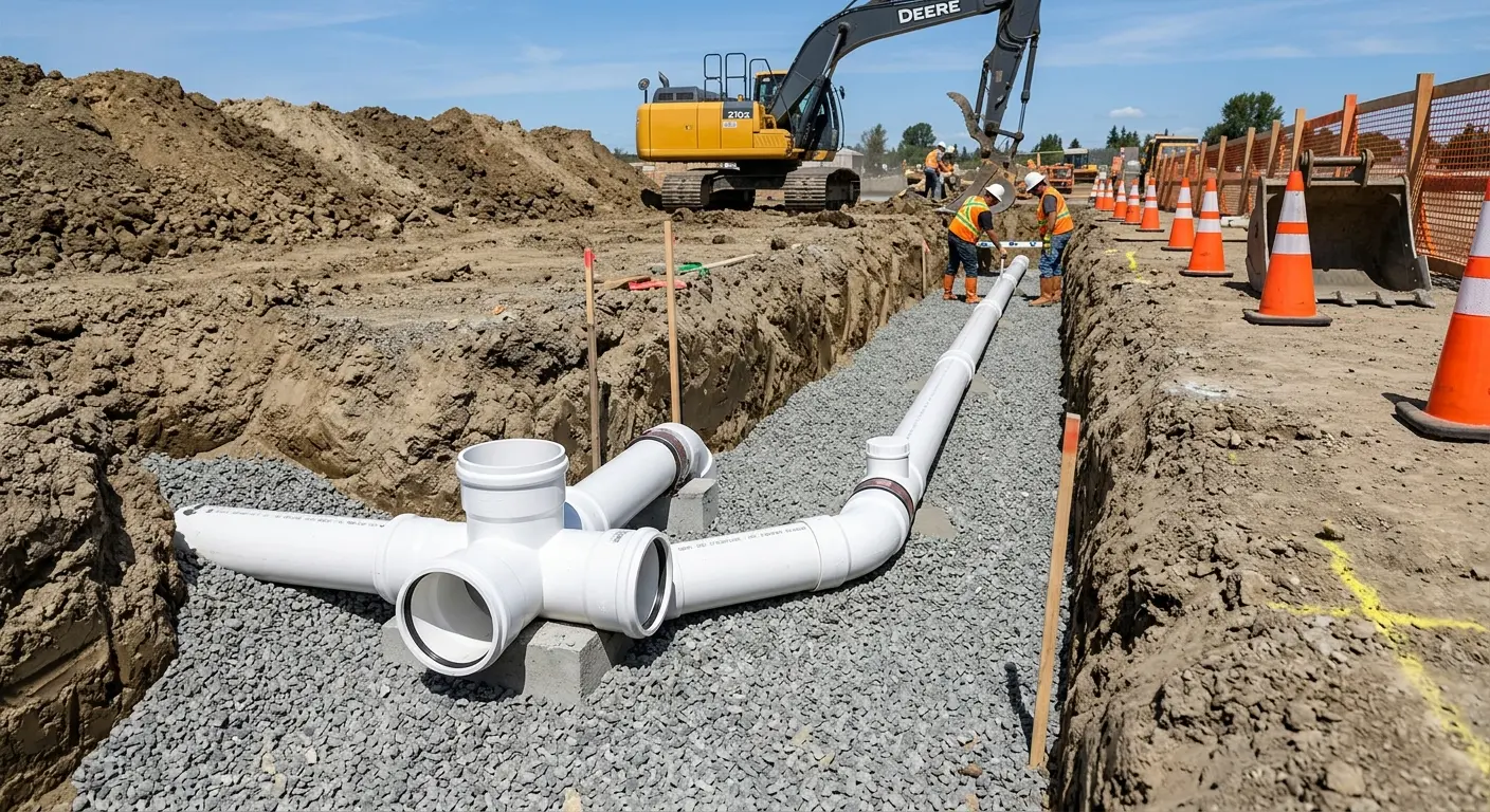 New PVC sewer pipe installation in open trench for Commercial Drain Cleaning in Fairfax