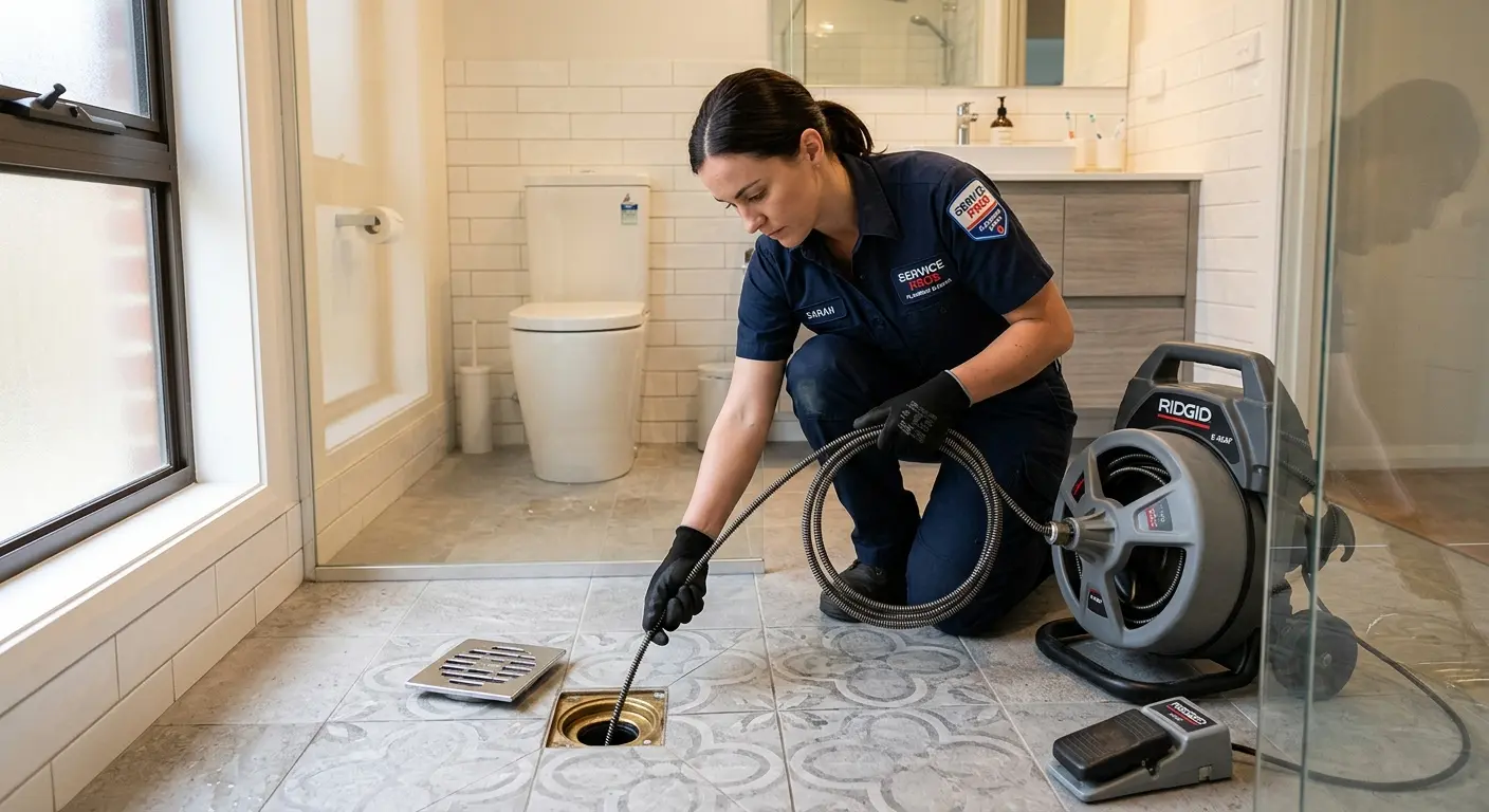Technician clearing a bathroom floor drain for Clogged Drain Repair in Fairfax
